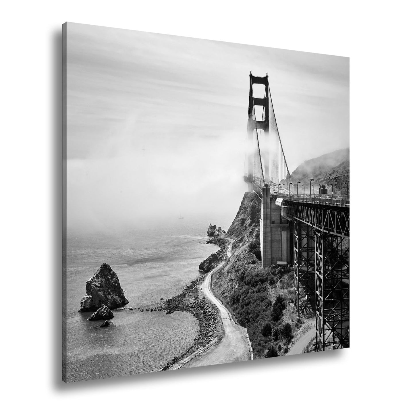 Leinwandbild Brücke im Nebel dramatische Küstenkulisse XXL – Landschaft Wandbild - deyoli