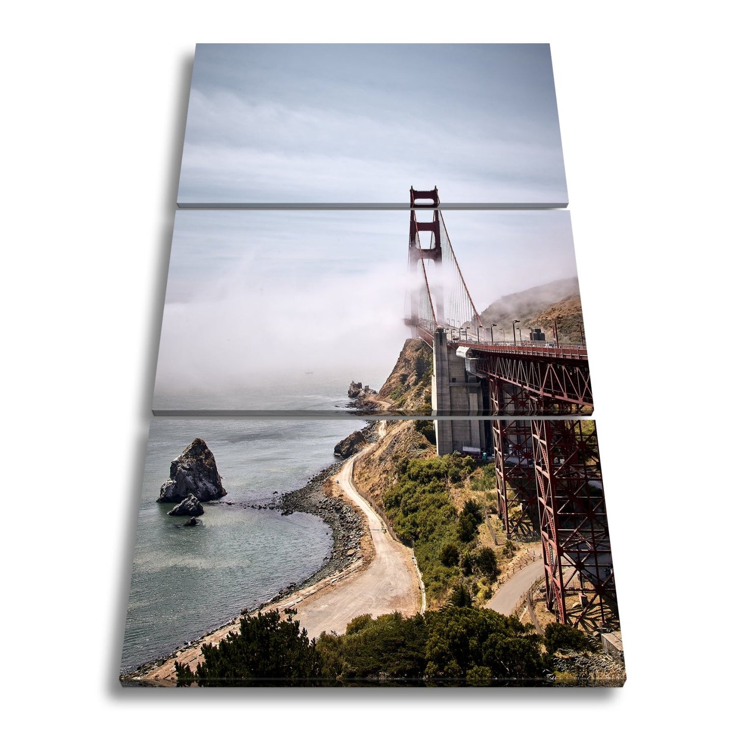 Leinwandbild Brücke im Nebel dramatische Küstenkulisse XXL – Landschaft Wandbild - deyoli