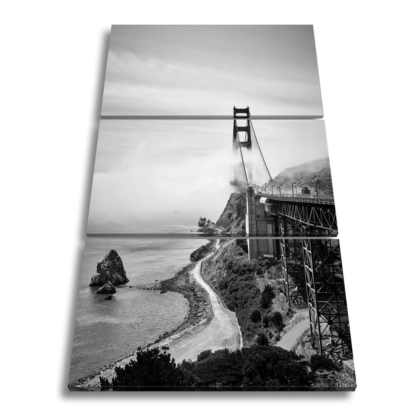 Leinwandbild Brücke im Nebel dramatische Küstenkulisse XXL – Landschaft Wandbild - deyoli