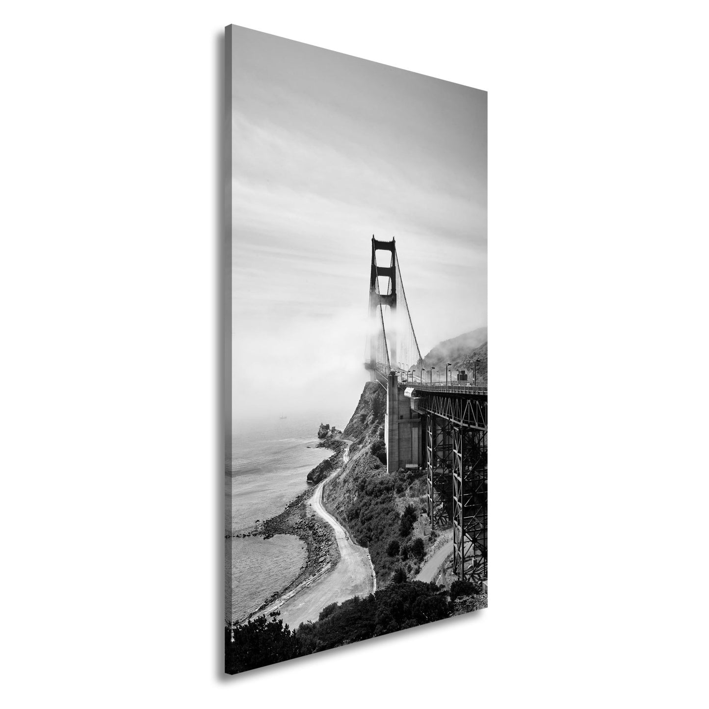 Leinwandbild Brücke im Nebel dramatische Küstenkulisse XXL – Landschaft Wandbild - deyoli