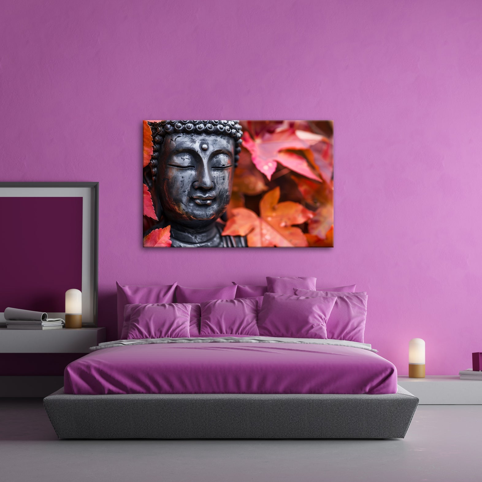 Leinwandbild Buddhas Ruhe, umhüllt von feurigem Herbstlaub. - deyoli