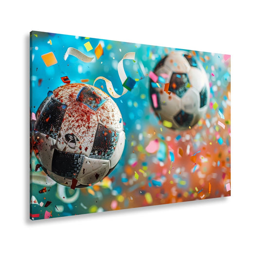 Leinwandbild Bunte Jubelszenen wirbeln um fliegende Fußbälle - deyoli