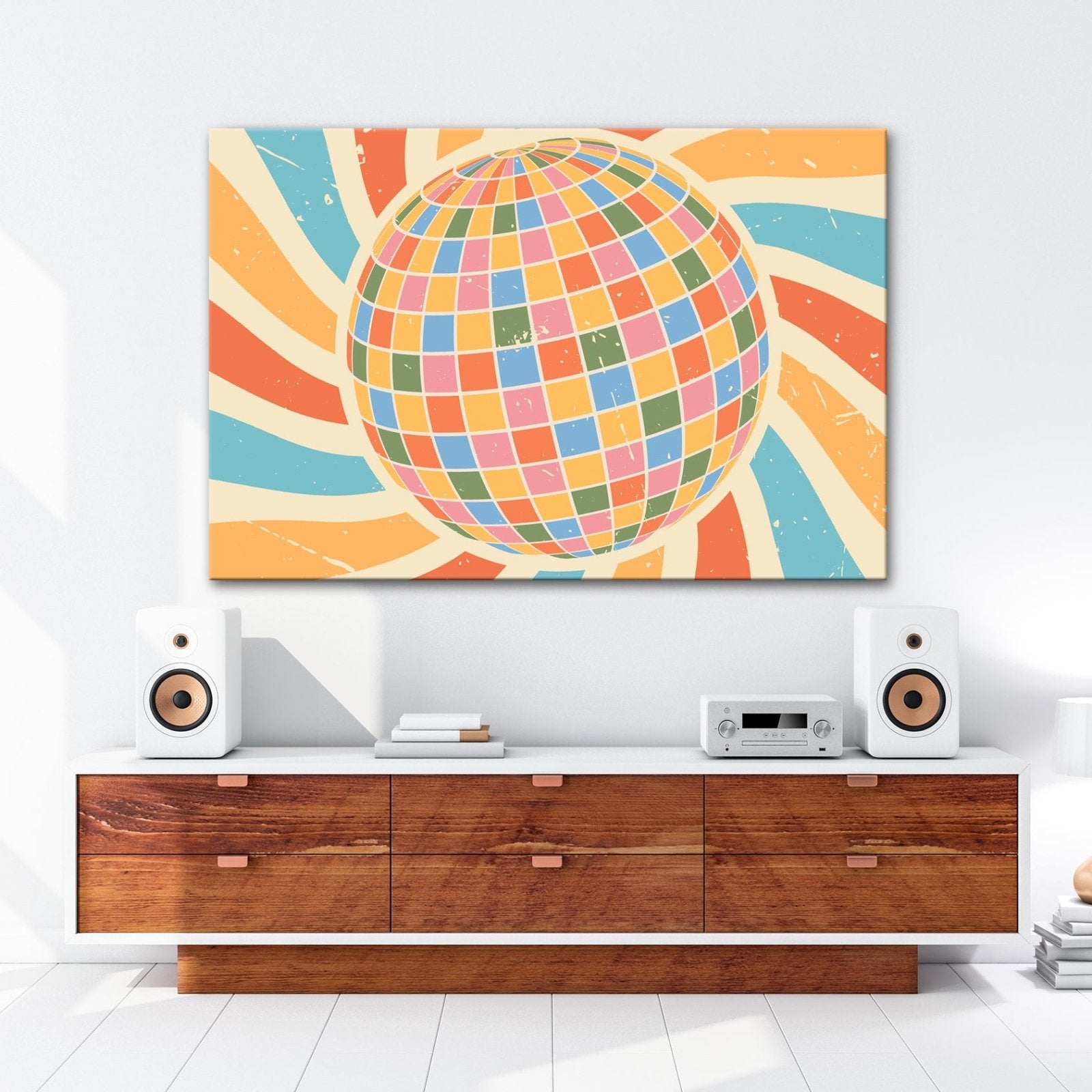 Leinwandbild Bunte Retro - Disco - Kugel im wirbelnden Farbspiel - deyoli