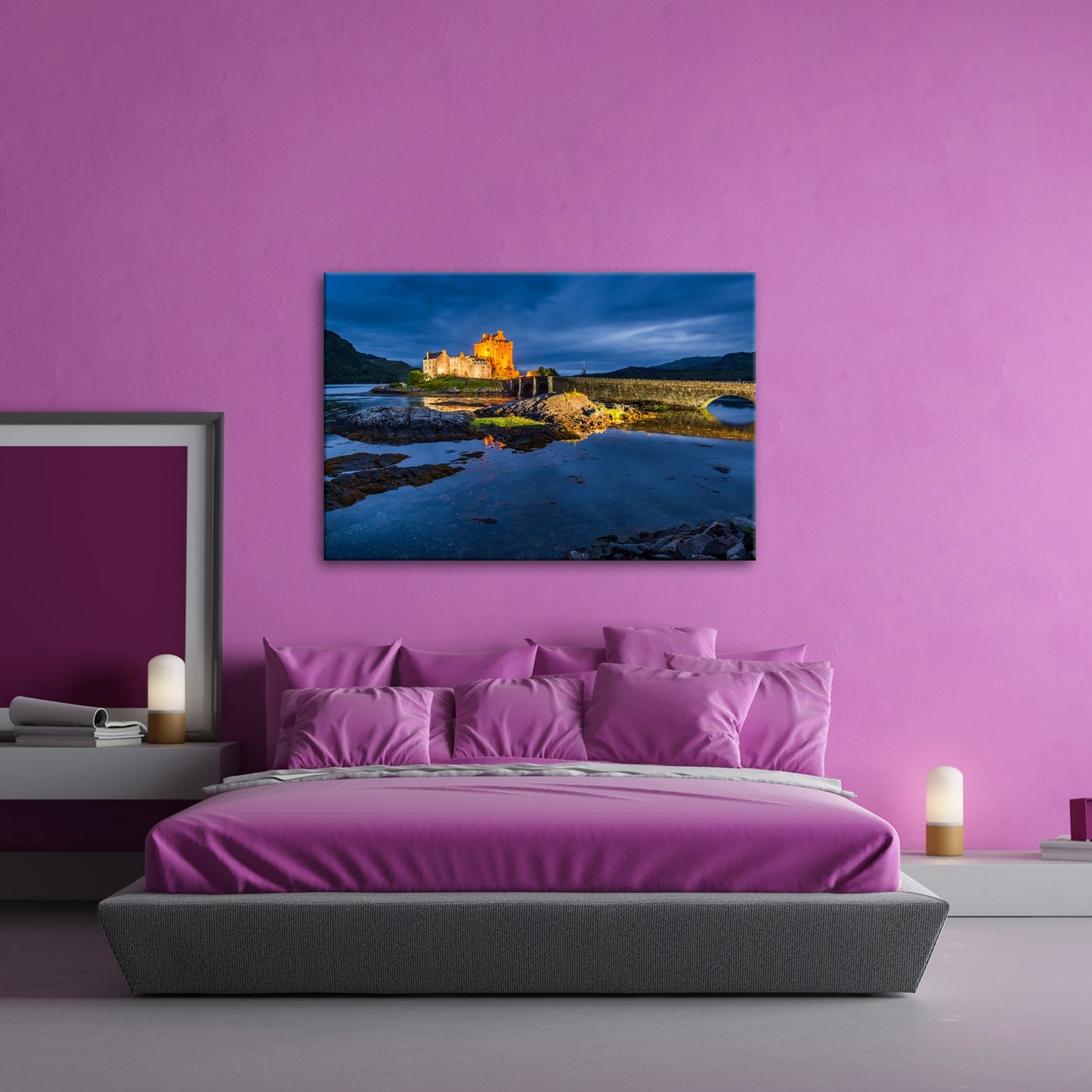 Leinwandbild Burg XXL – Märchenschloss in der Blauen Stunde für Wohnzimmer - deyoli