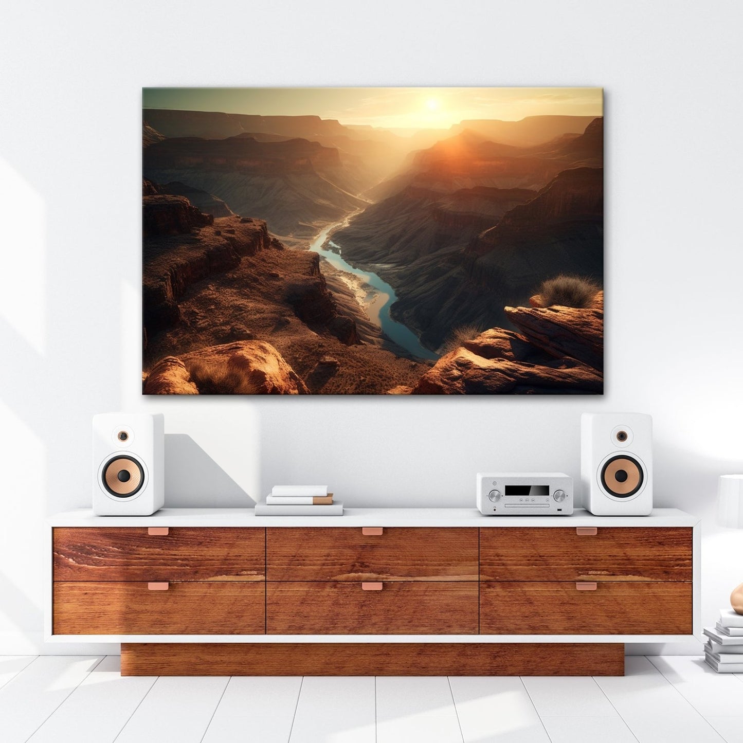 Leinwandbild Canyon XXL – Sonnenlicht taucht Landschaft in goldenes Glühen - deyoli