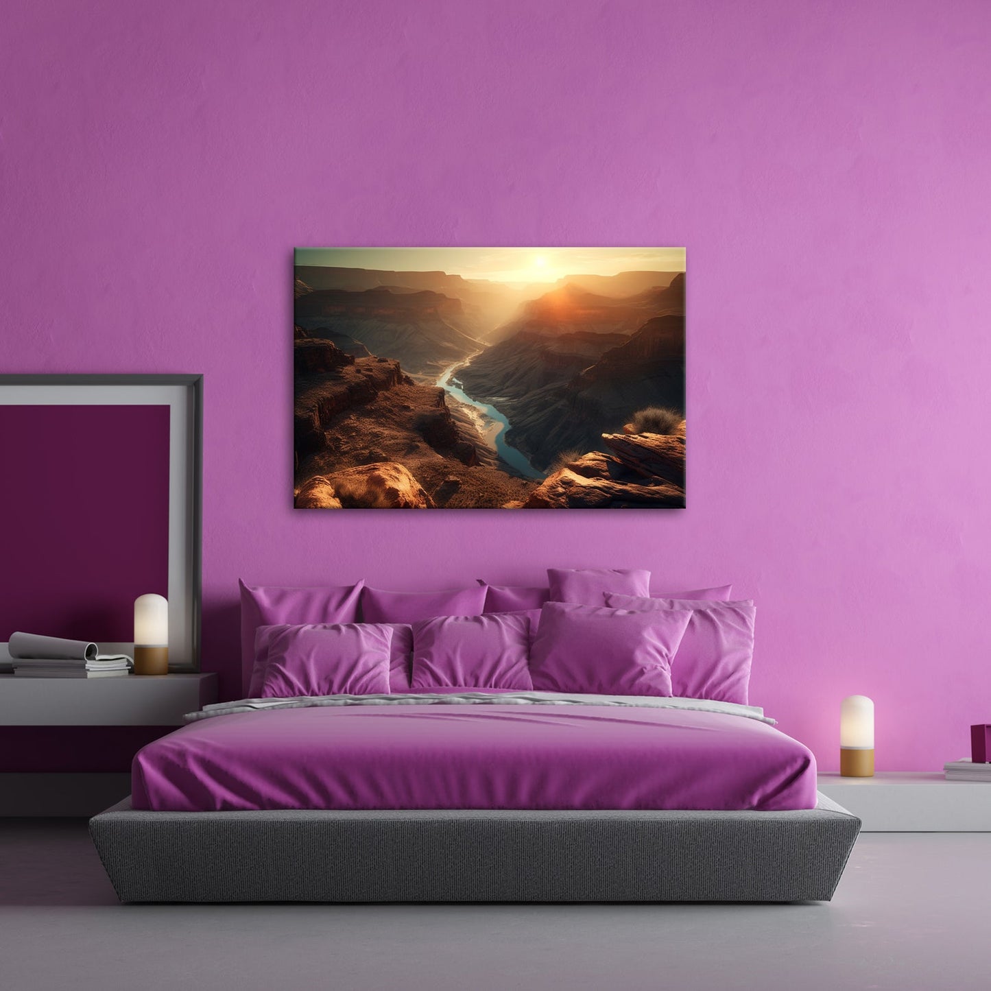 Leinwandbild Canyon XXL – Sonnenlicht taucht Landschaft in goldenes Glühen - deyoli