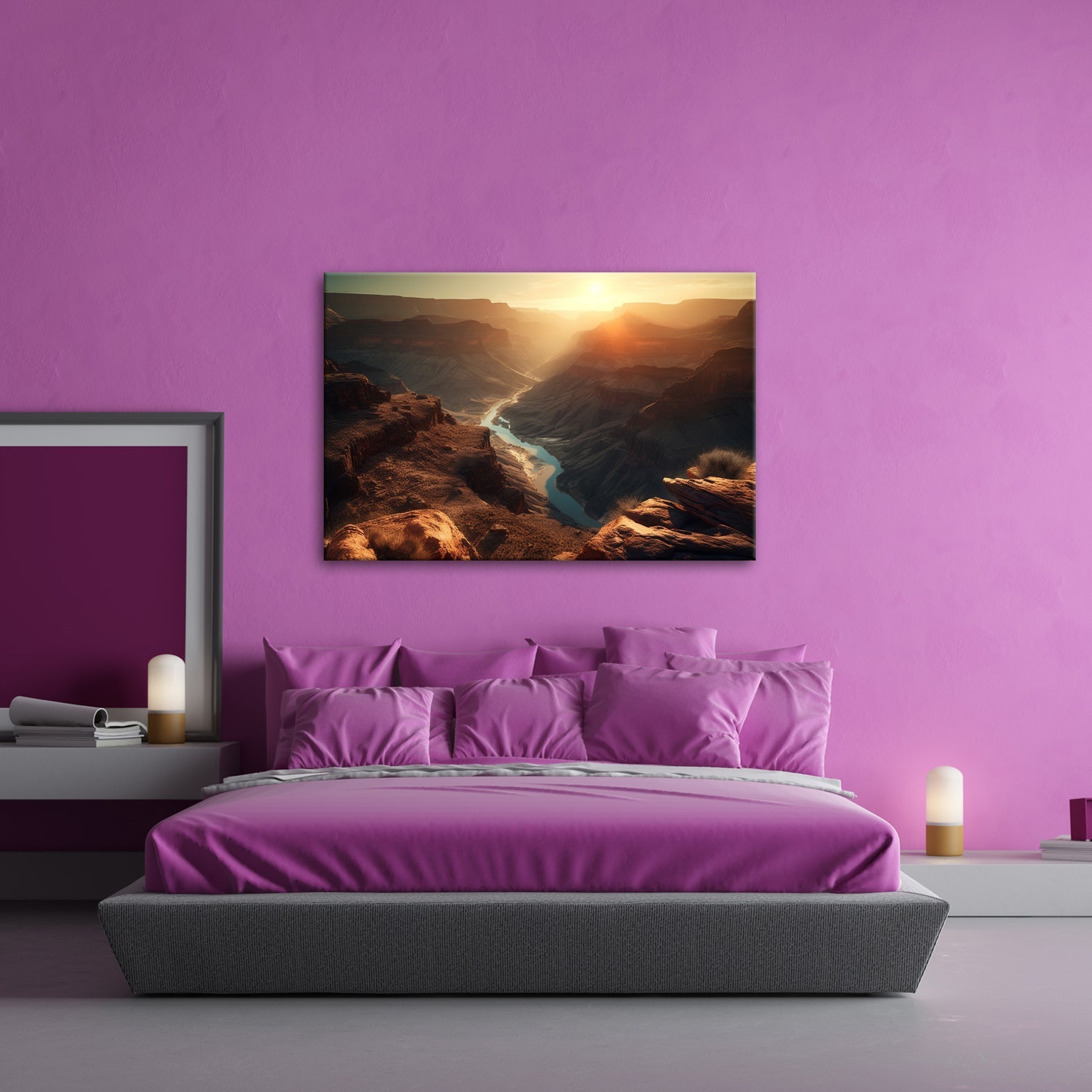 Leinwandbild Canyon XXL – Sonnenlicht taucht Landschaft in goldenes Glühen - deyoli