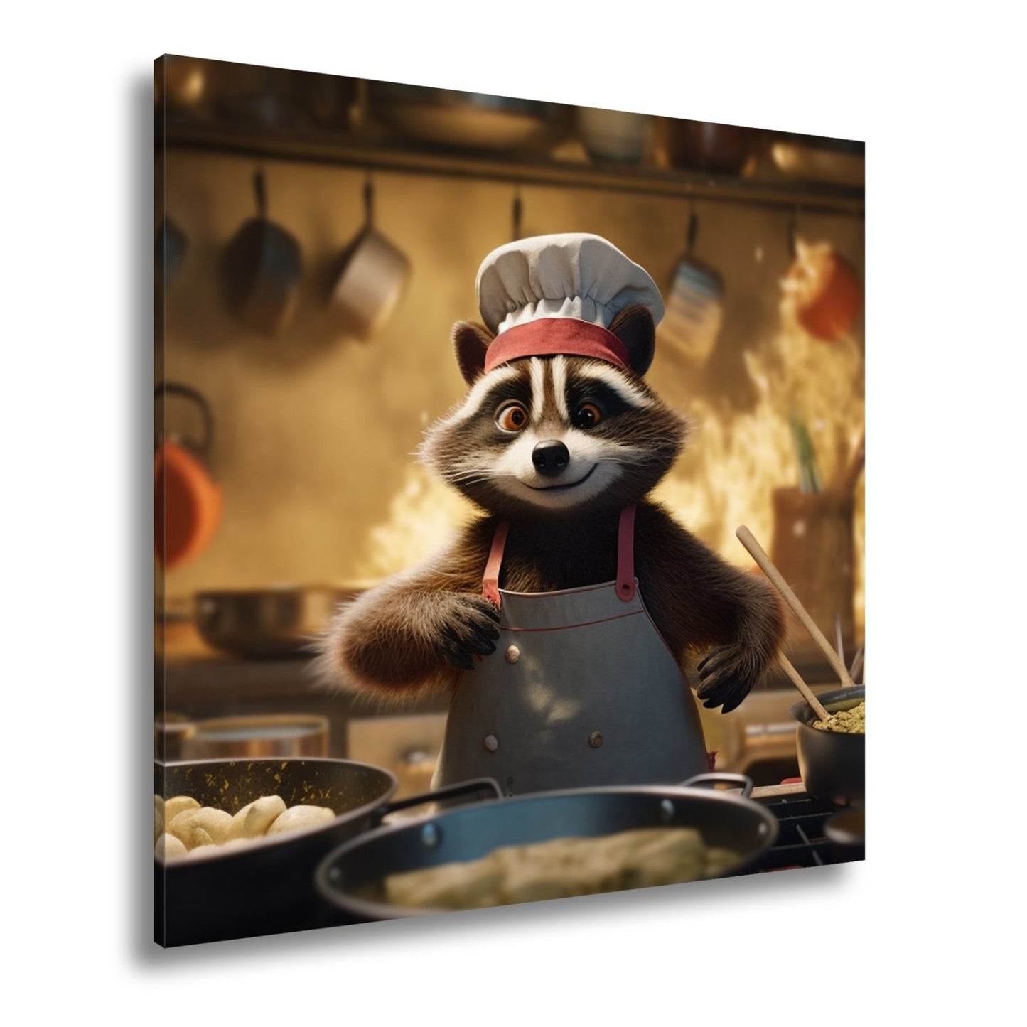 Leinwandbild Chaos in der Küche – Waschbär kocht mit Feuer und Charme. - deyoli