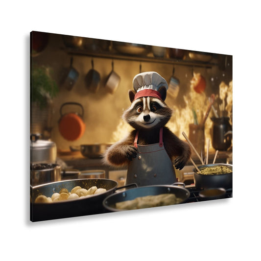 Leinwandbild Chaos in der Küche – Waschbär kocht mit Feuer und Charme. - deyoli