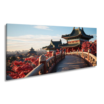 Leinwandbild Chinesischer Tempelpfad – Harmonie in Kirschblütenlicht. - deyoli