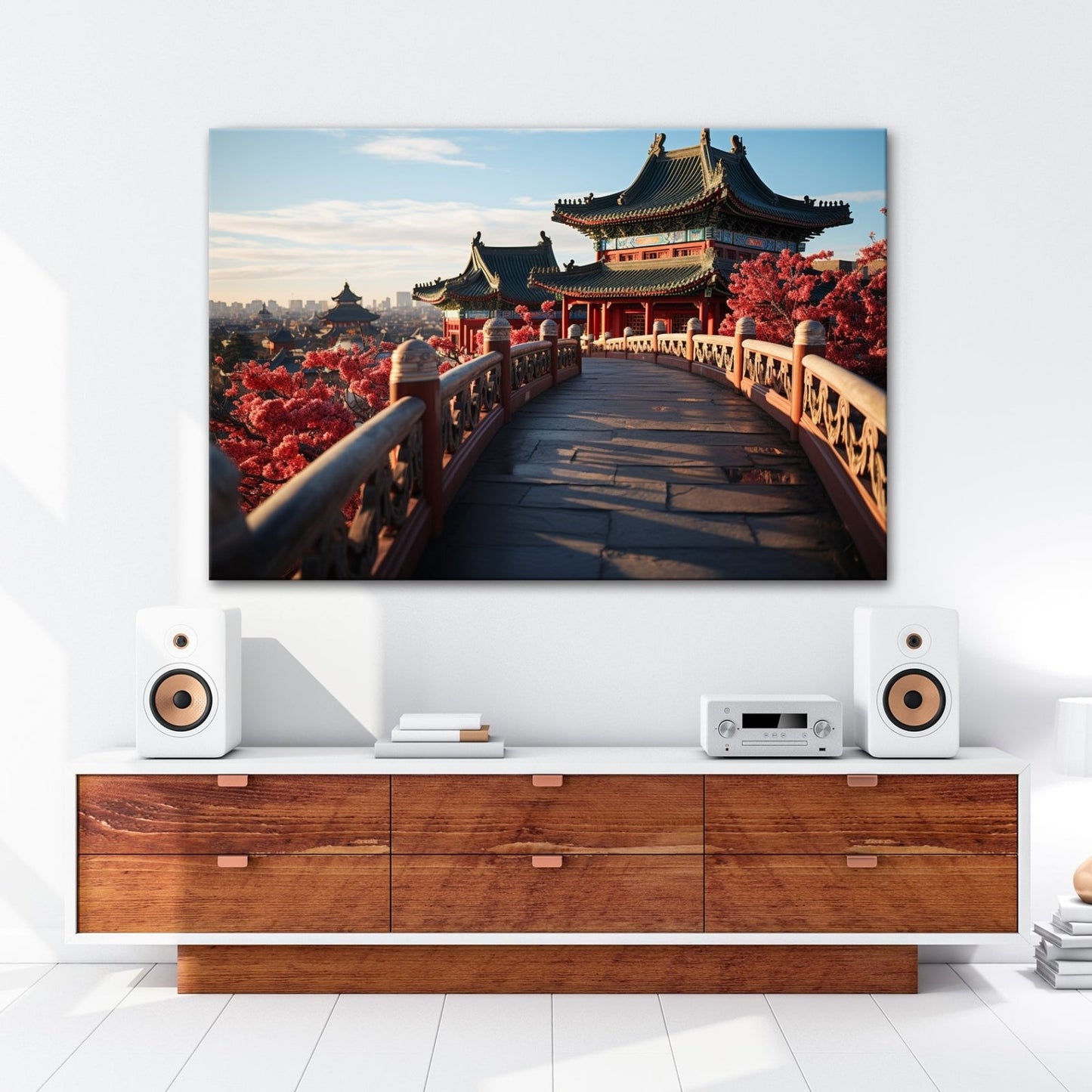 Leinwandbild Chinesischer Tempelpfad – Harmonie in Kirschblütenlicht. - deyoli