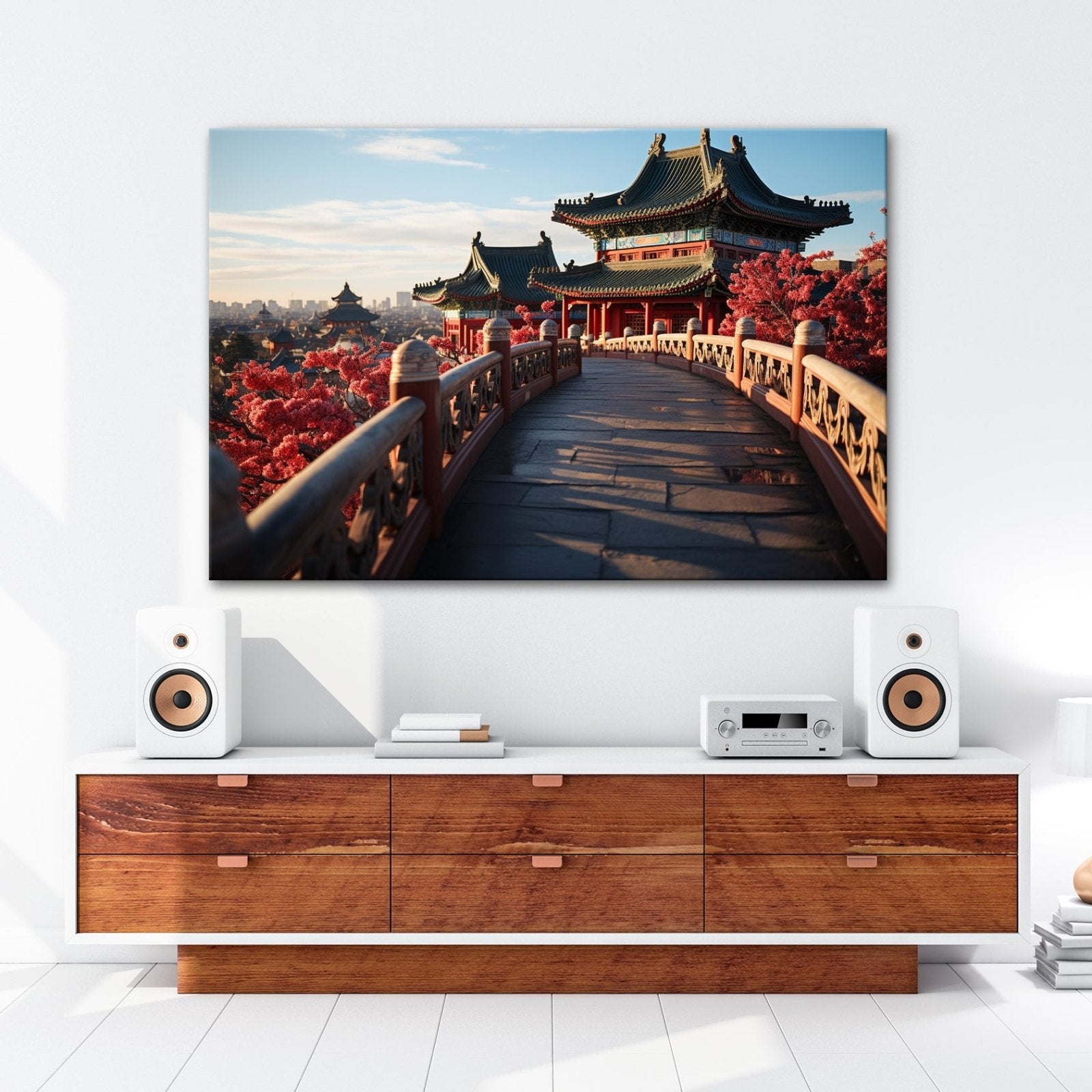 Leinwandbild Chinesischer Tempelpfad – Harmonie in Kirschblütenlicht. - deyoli