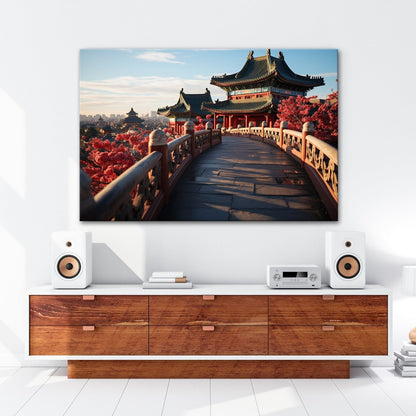 Leinwandbild Chinesischer Tempelpfad – Harmonie in Kirschblütenlicht. - deyoli