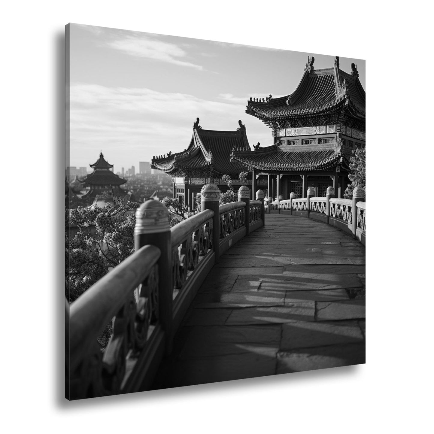 Leinwandbild Chinesischer Tempelpfad – Harmonie in Kirschblütenlicht. - deyoli