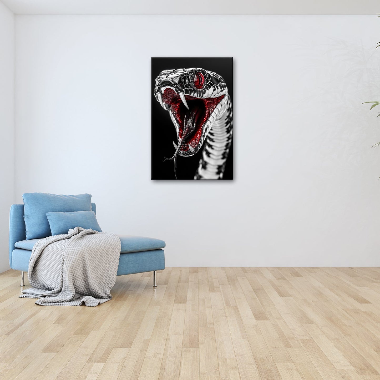Leinwandbild Chromglänzende Schlange – Leuchtend roter Blick XXL - deyoli