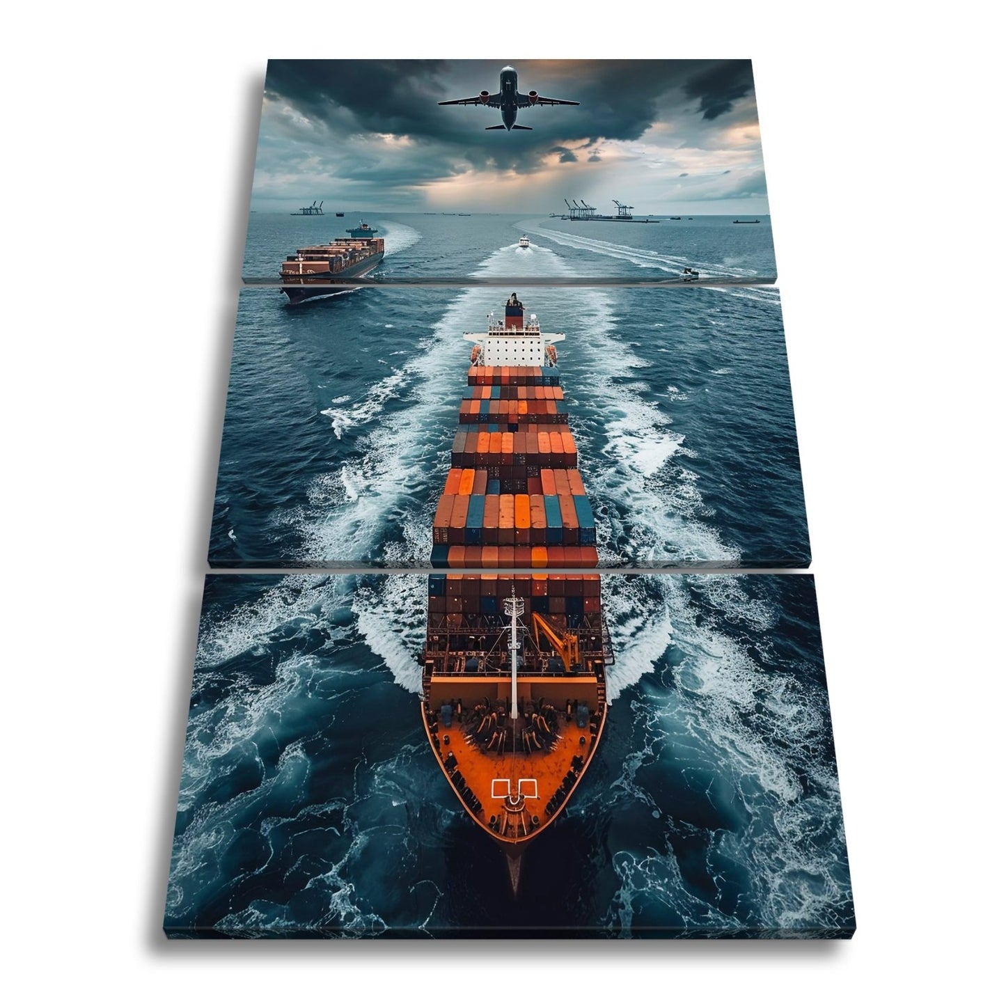 Leinwandbild Containerschiff auf stürmischen Wegen über Meer XXL – Schiff - deyoli