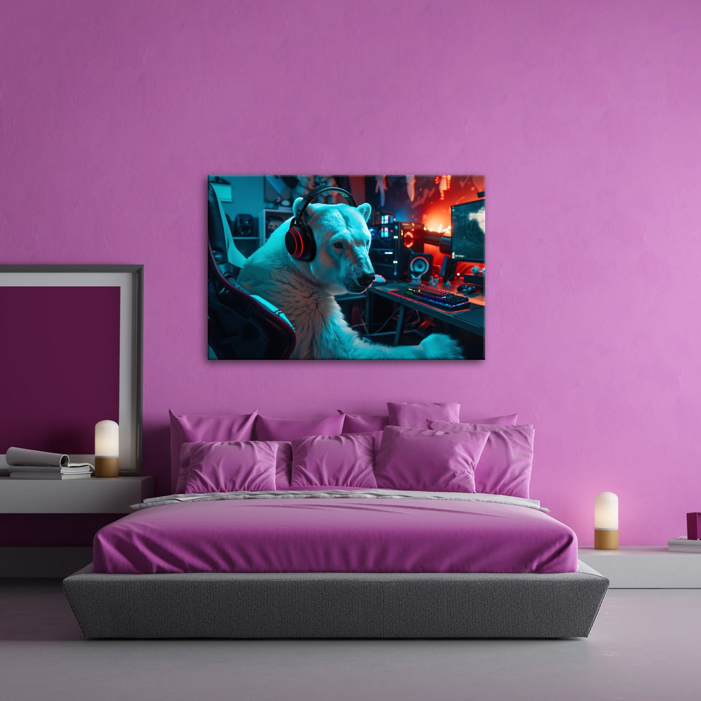 Leinwandbild Cool und konzentriert – Eisbär in der Gaming - Zentrale. - deyoli