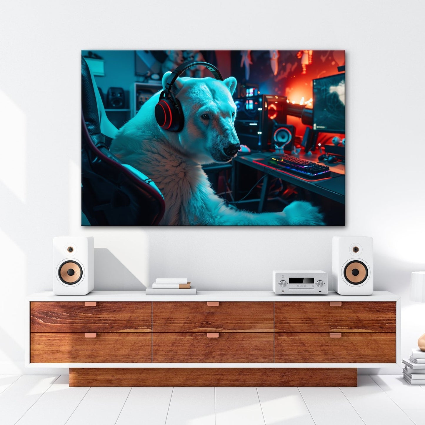 Leinwandbild Cool und konzentriert – Eisbär in der Gaming - Zentrale. - deyoli