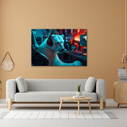 Leinwandbild Cool und konzentriert – Eisbär in der Gaming - Zentrale. - deyoli