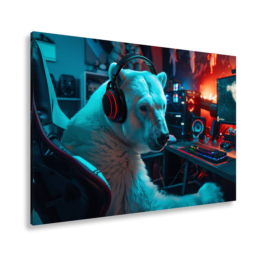 Leinwandbild Cool und konzentriert – Eisbär in der Gaming - Zentrale. - deyoli