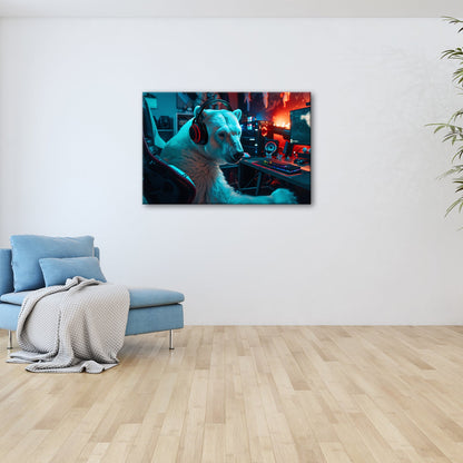 Leinwandbild Cool und konzentriert – Eisbär in der Gaming - Zentrale. - deyoli