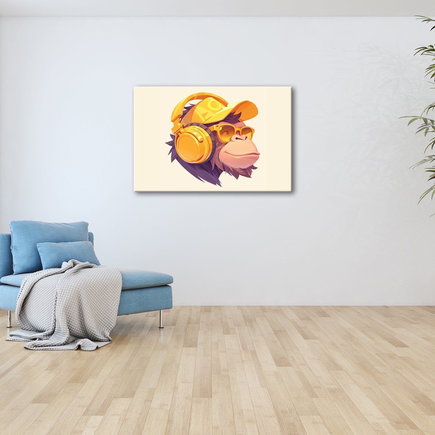 Leinwandbild Cooler Monkey mit Cap und Kopfhörern im sonnigen Streetstyle - deyoli