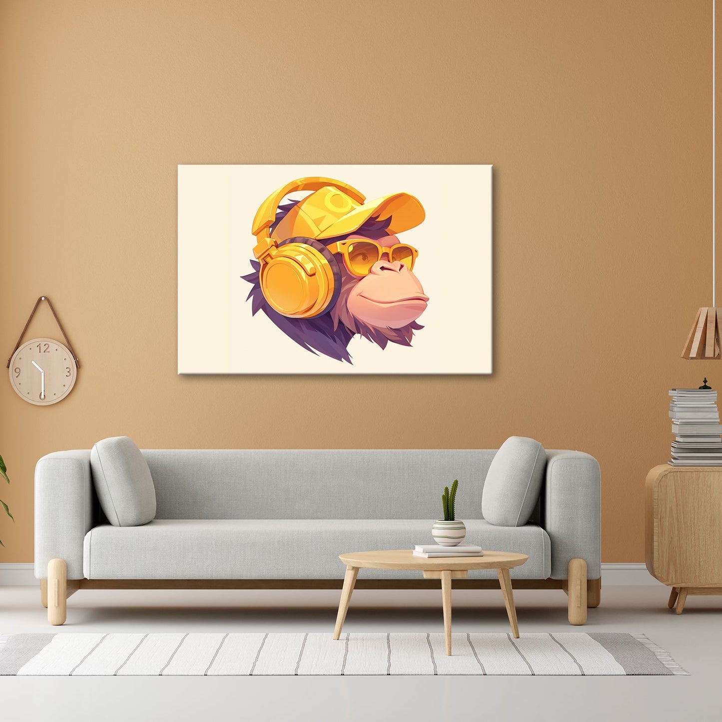 Leinwandbild Cooler Monkey mit Cap und Kopfhörern im sonnigen Streetstyle - deyoli
