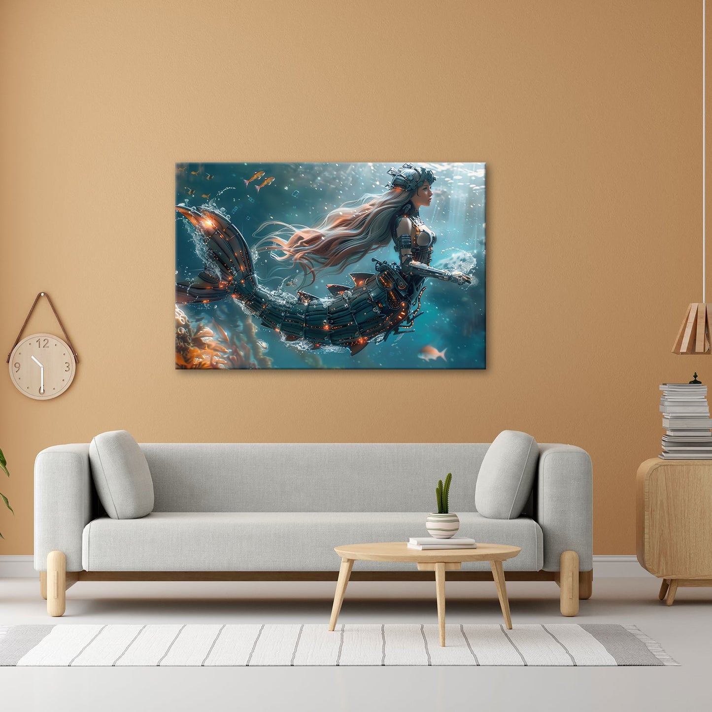 Leinwandbild Cyber - Meerjungfrau gleitet futuristisch durchs blaue Tiefenlicht - deyoli