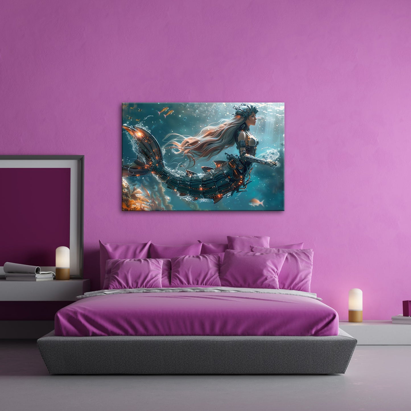 Leinwandbild Cyber - Meerjungfrau gleitet futuristisch durchs blaue Tiefenlicht - deyoli
