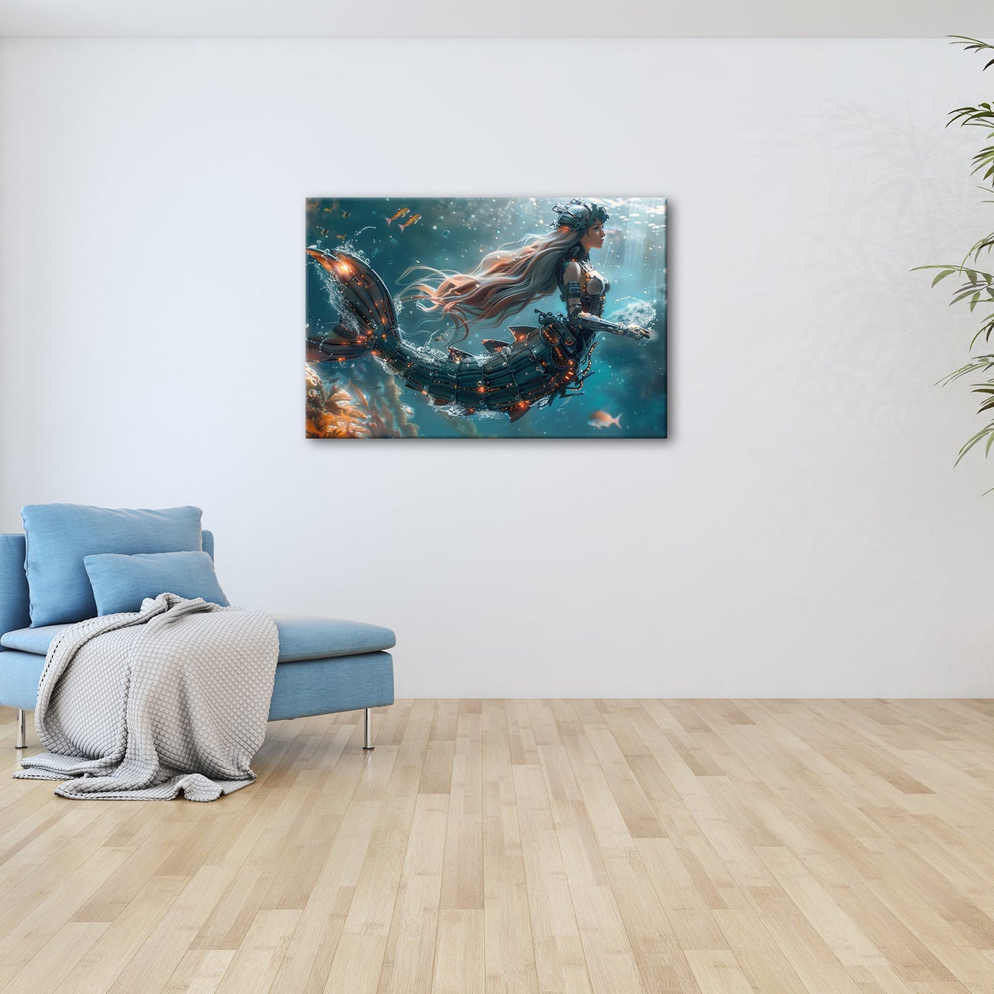 Leinwandbild Cyber - Meerjungfrau gleitet futuristisch durchs blaue Tiefenlicht - deyoli