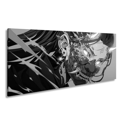 Leinwandbild Dämonische Energie entlädt sich in flammender Maskenwut. - deyoli