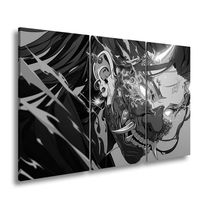 Leinwandbild Dämonische Energie entlädt sich in flammender Maskenwut. - deyoli