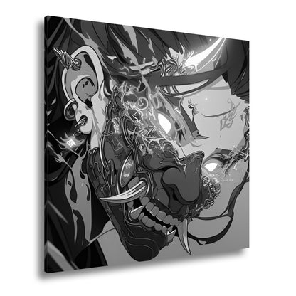 Leinwandbild Dämonische Energie entlädt sich in flammender Maskenwut. - deyoli