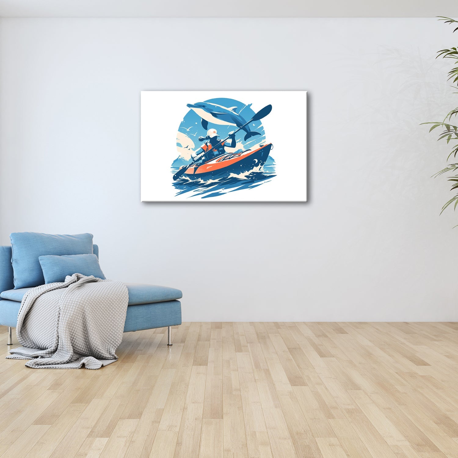 Leinwandbild Delfin über Wellen, ein Mädchen paddelt kraftvoll durchs Meer - deyoli