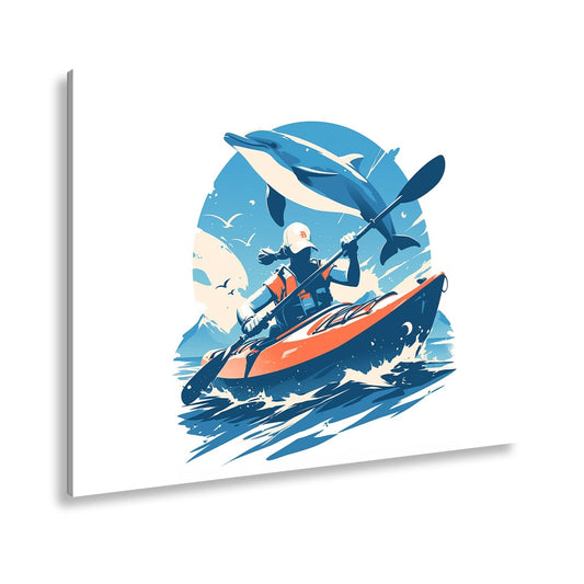 Leinwandbild Delfin über Wellen, ein Mädchen paddelt kraftvoll durchs Meer - deyoli