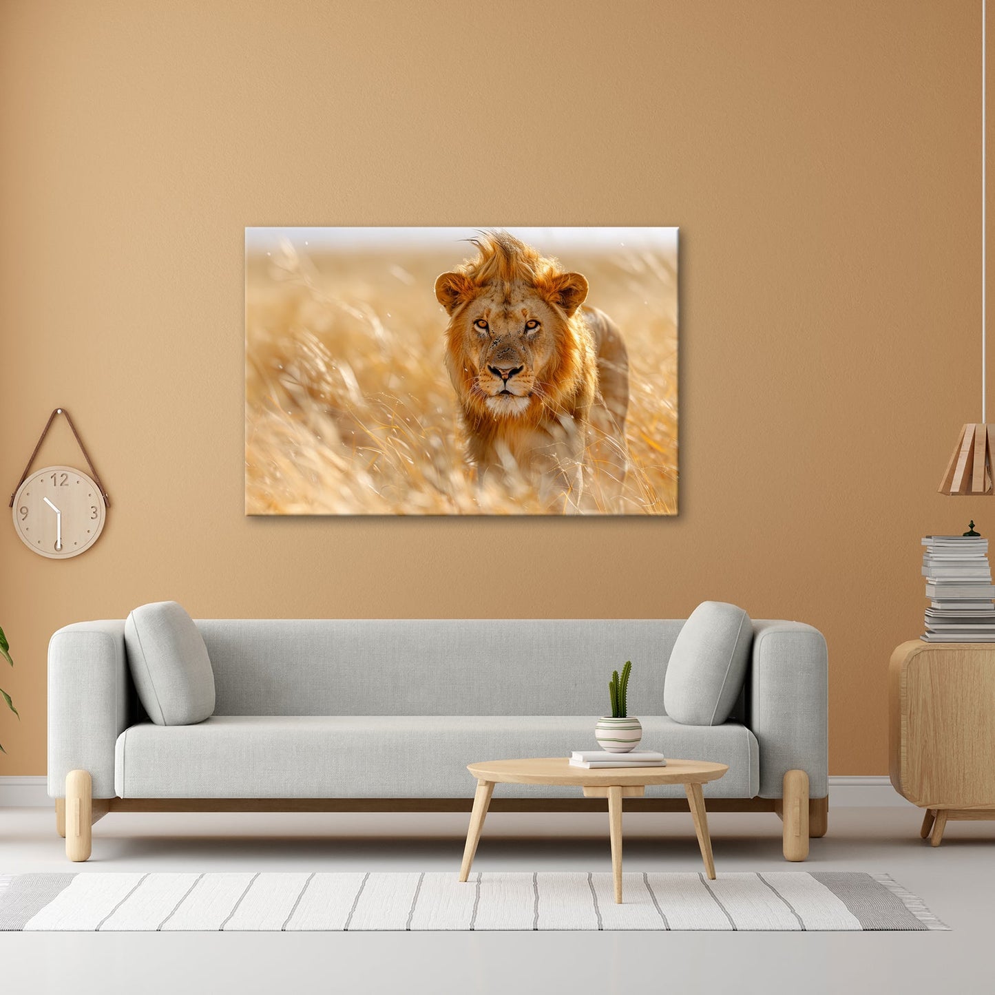 Leinwandbild Der König der Savanne durchstreift goldenes Gras. - deyoli