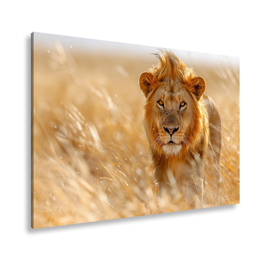 Leinwandbild Der König der Savanne durchstreift goldenes Gras. - deyoli