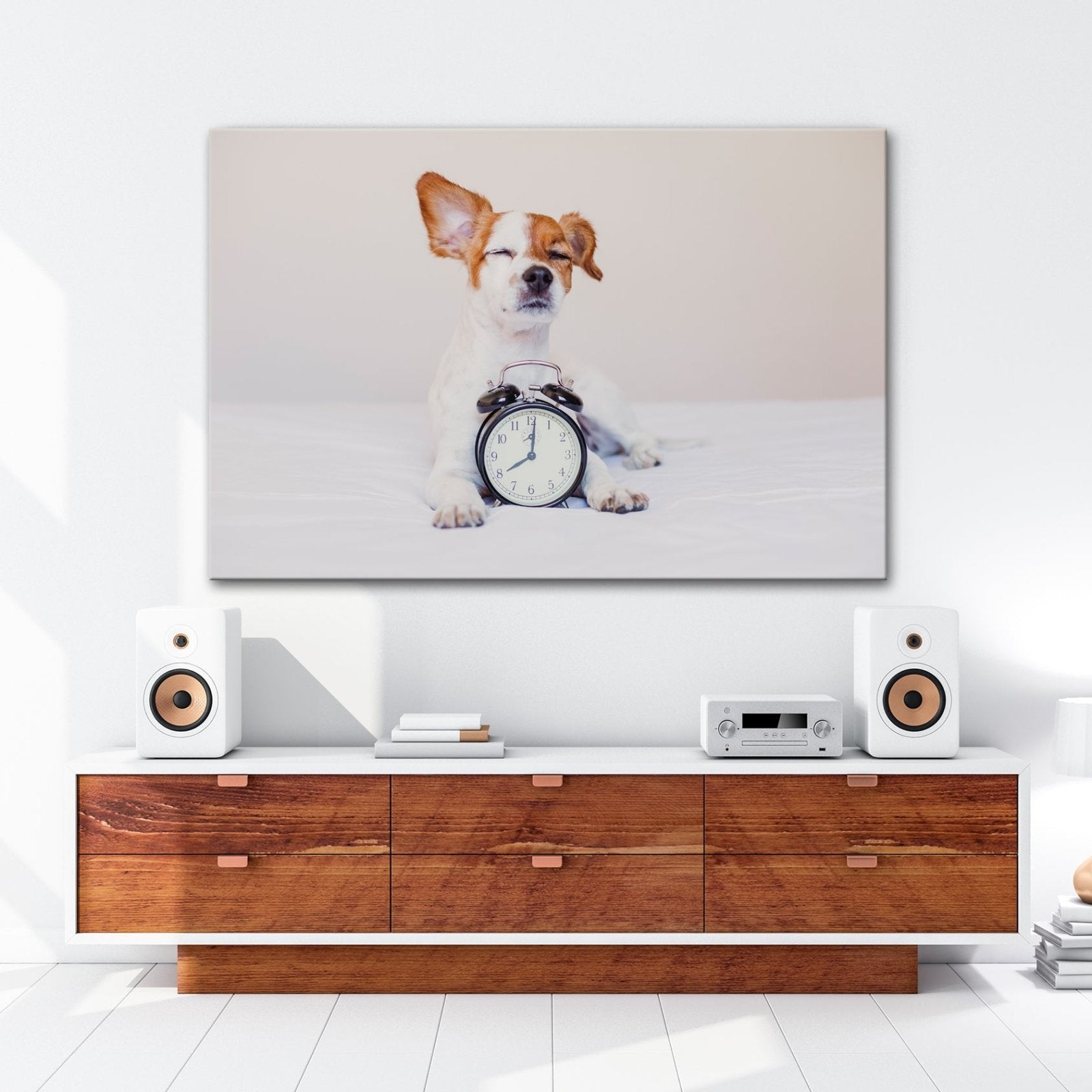 Leinwandbild Der Wecker hat verloren – Hund genießt den Morgen. - deyoli