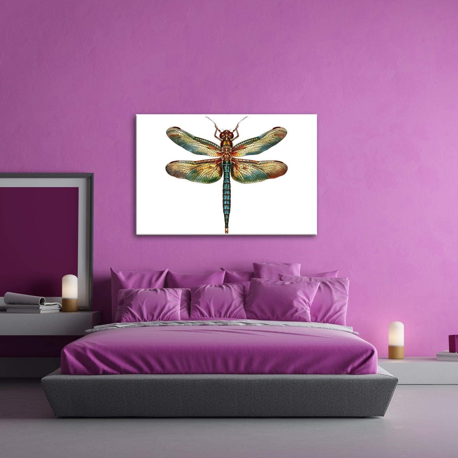 Leinwandbild Detailreiche Libelle mit schimmernden Flügeln - deyoli