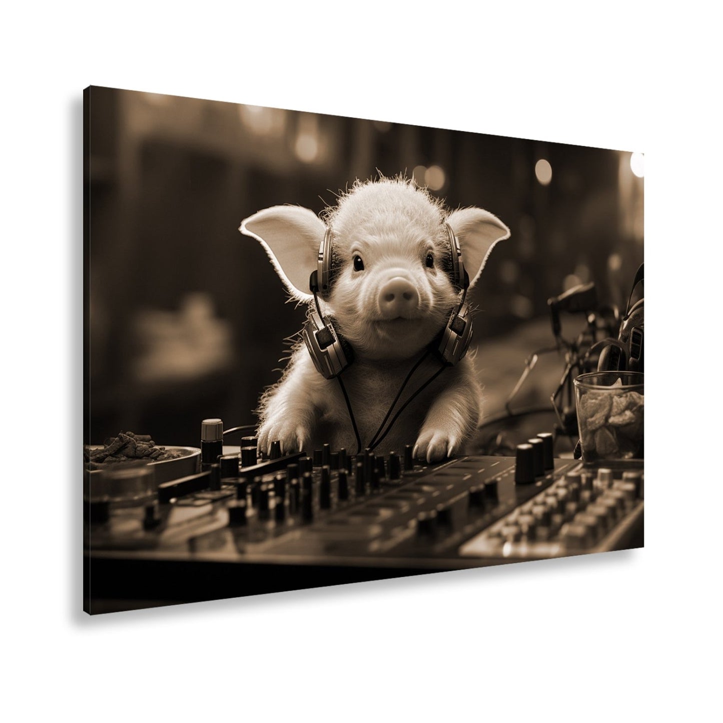 Leinwandbild DJ - Ferkel – süßer Beat zwischen Chips und Knöpfen. - deyoli