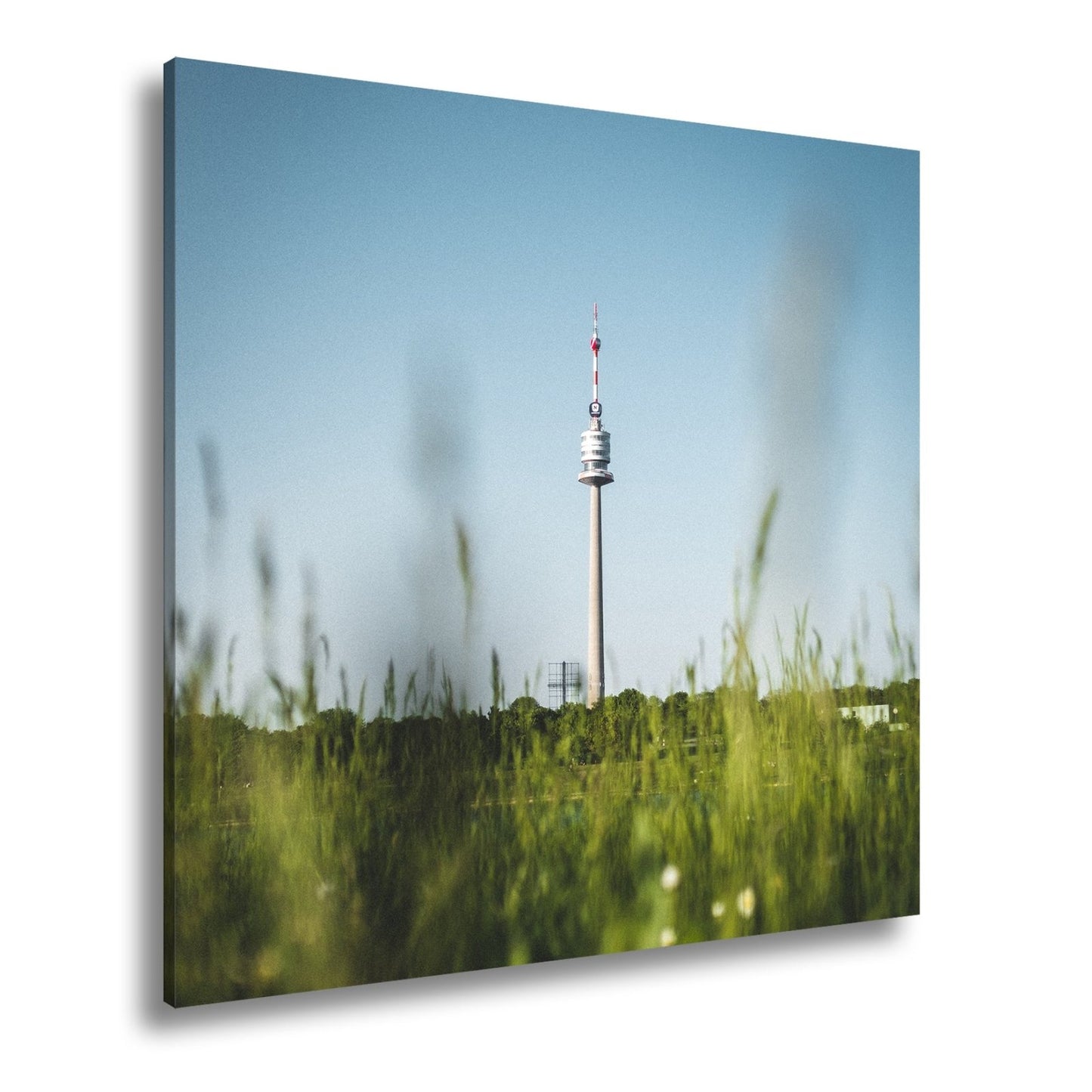 Leinwandbild Donauturm über Wiese im klaren Sommerhimmel XXL – Wien Wahrzeichen - deyoli
