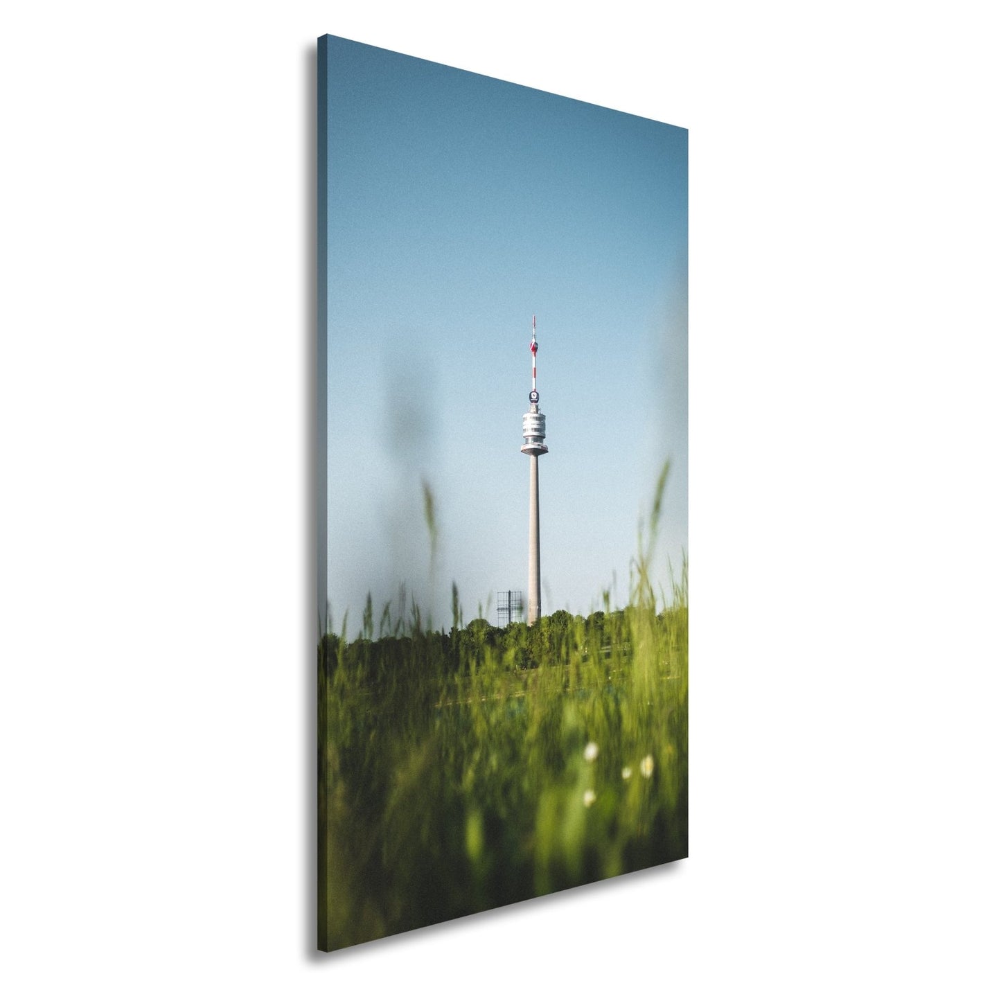 Leinwandbild Donauturm über Wiese im klaren Sommerhimmel XXL – Wien Wahrzeichen - deyoli