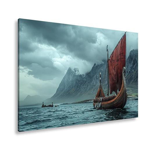 Leinwandbild Drachenboot – Dramatische Kulisse aus Nebel & Bergen XXL - deyoli