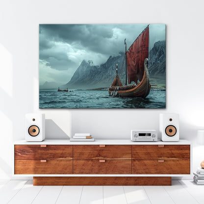 Leinwandbild Drachenboot – Dramatische Kulisse aus Nebel & Bergen XXL - deyoli
