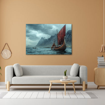 Leinwandbild Drachenboot – Dramatische Kulisse aus Nebel & Bergen XXL - deyoli