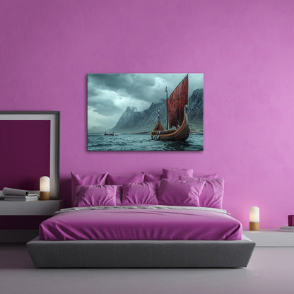 Leinwandbild Drachenboot – Dramatische Kulisse aus Nebel & Bergen XXL - deyoli