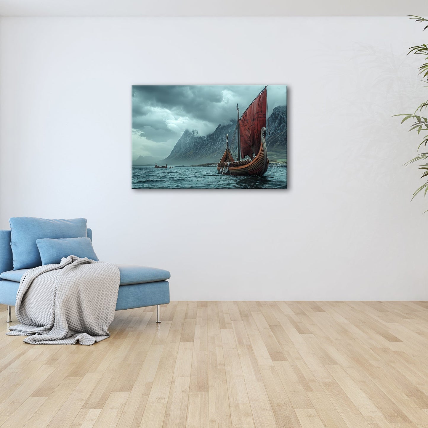 Leinwandbild Drachenboot – Dramatische Kulisse aus Nebel & Bergen XXL - deyoli