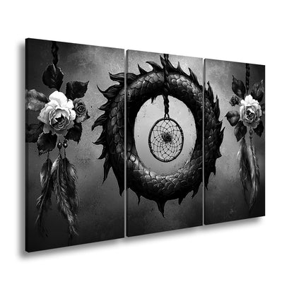 Leinwandbild Drachenring XXL – Düster mit zarten Rosen und Federn - deyoli
