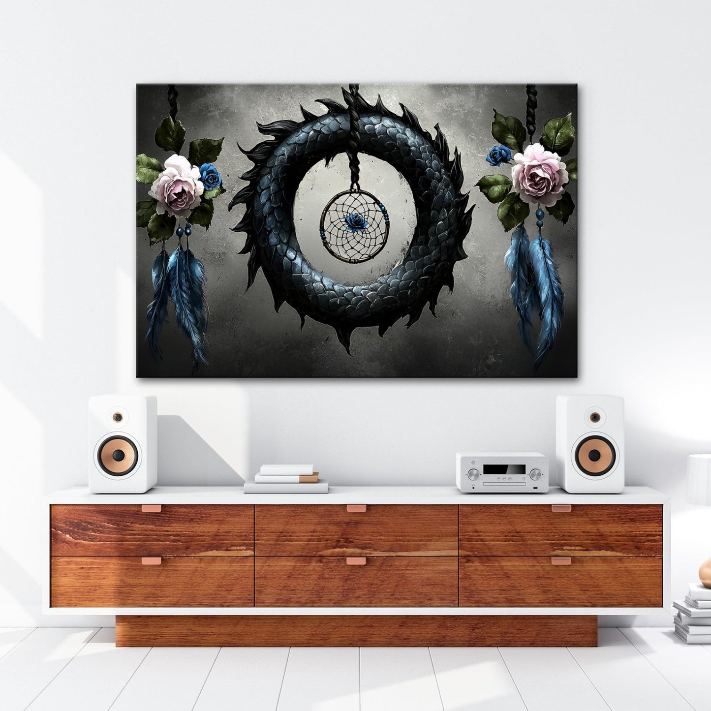 Leinwandbild Drachenring XXL – Düster mit zarten Rosen und Federn - deyoli
