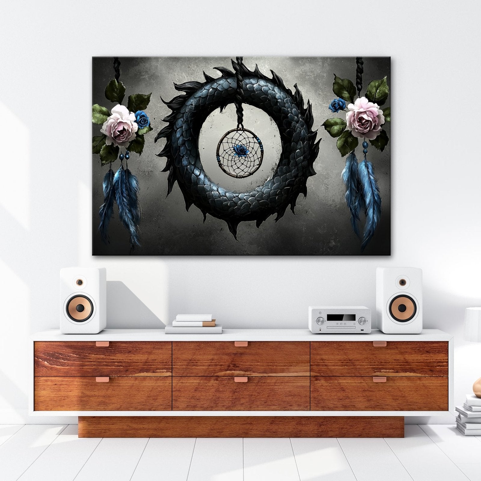 Leinwandbild Drachenring XXL – Düster mit zarten Rosen und Federn - deyoli